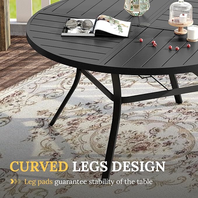 VICLLAX Patio Dining Set for 6, 6 Seats Outdoor Furniture Includes 53.1" Round Patio Table and Swivel Padded Chairs, Black Tabletop and Mixed Brown Fabric