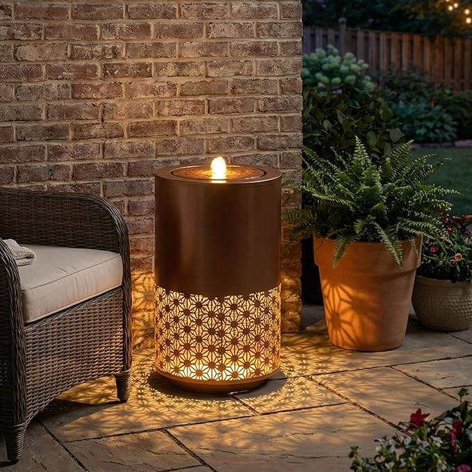 Christopher Knight Home Leva 20.87" H Metal Water Fountain Outdoor with LED Light, Recirculating Pump Outdoor Fountain for Lawn/Backyard, Freestanding Candle Style Cascading Water, Brown