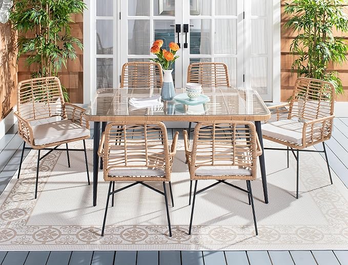 SAFAVIEH Outdoor Collection Beson Brown/Beige 7-Piece Dining Set PAT9010C-3BX