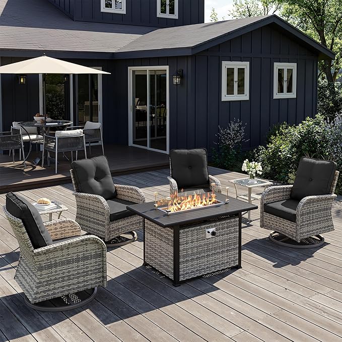 7Pcs Patio Rocking Swivel Chair with 55,000 BTU Fire Pit Table Outdoor Wicker Rattan Bistro Set with Tempered Glass Side Table, Outdoor Patio Furniture Set for Garden and Balcony, Dark Grey