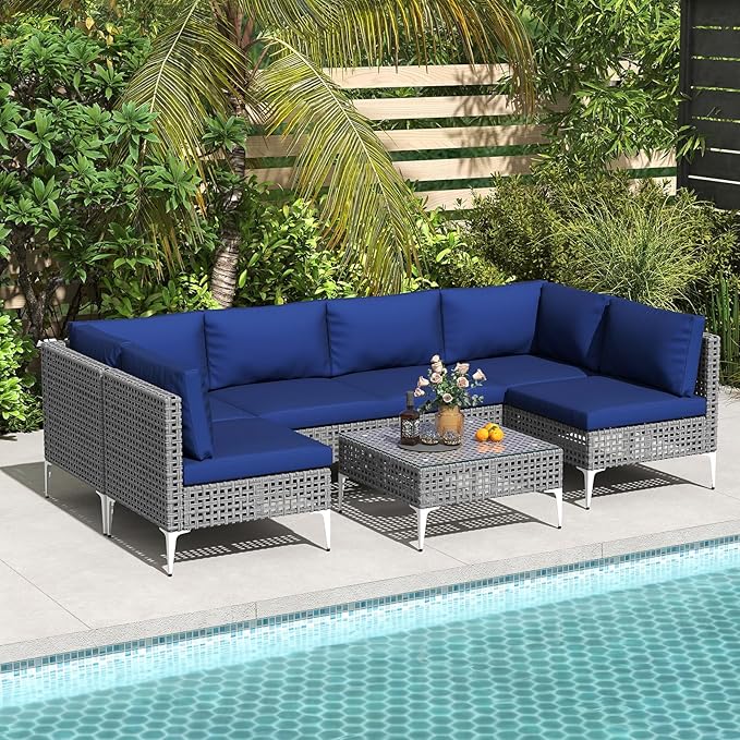 Tangkula 7 Piece Outdoor Furniture Set, Patiojoy Patio Wicker Sectional Cushioned Sofa Set with Coffee Table, for Backyard, Poolside, Porch and Lawn (Navy Blue)