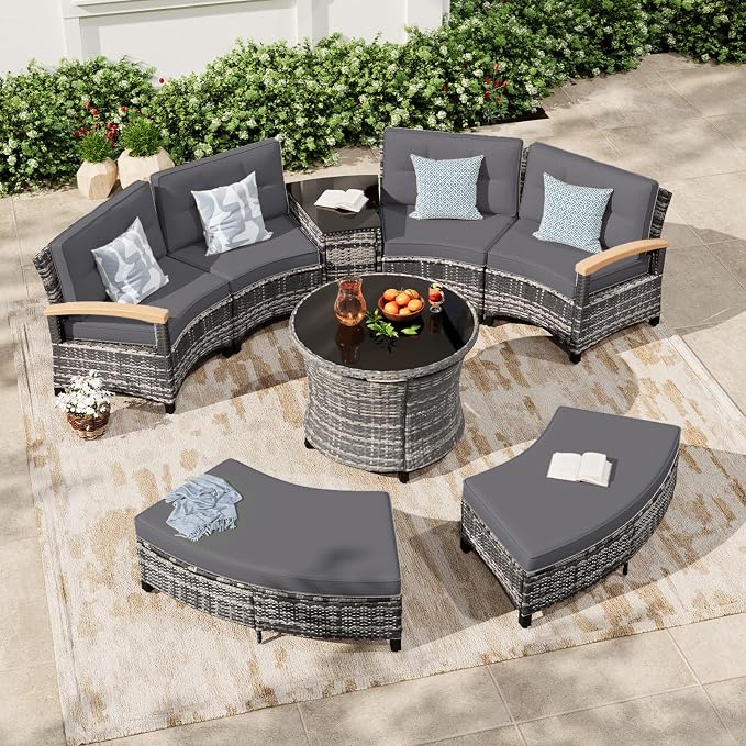 MEISSALIVVE 8-Piece Half-Moon Curved Outdoor Patio Furniture Set, Sectional Conversation Sofa with 2 Half-Moon Ottomans, Round Coffee Table for Backyard Deck Garden, Grey