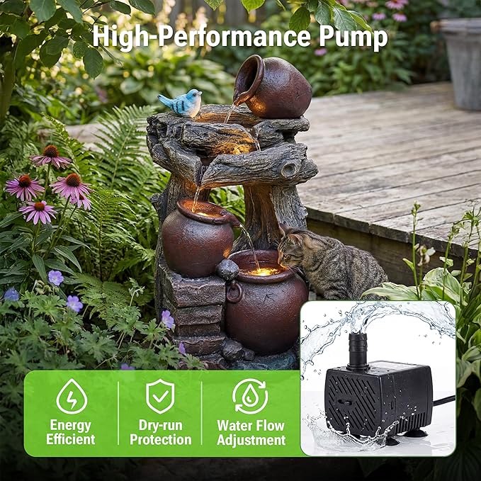 26-Inch Outdoor Water Fountain, 5-Tier Cascading Jars & Wood Design Resin Garden Fountain with Bird Accent & 4 LED Lights, Home Decor for Farmhouse, Patio, Backyard, Deck, Lawn in Brown