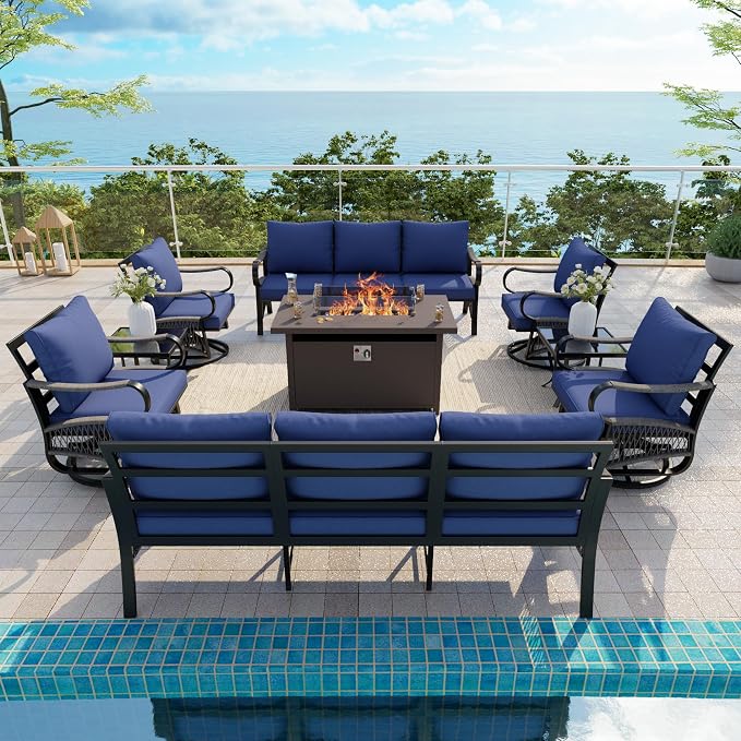 8-Piece Outdoor Furniture Set, Metal Swivel Rocking Chairs with All-Weather Cushions, Patio Conversation Set with Fire Pit Table for Deck, Porch, Garden, Backyard, Poolside (Blue Cushions)