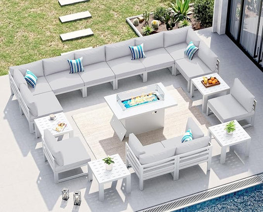 NICESOUL 17 Piece Extra Large Aluminum Outdoor Patio Furniture Set with Fire Pit Table & End Table, L Shaped Modern Sectional Couch, 29" Wide Deep Seating Conversation Sofa for Terrace, Light Gray