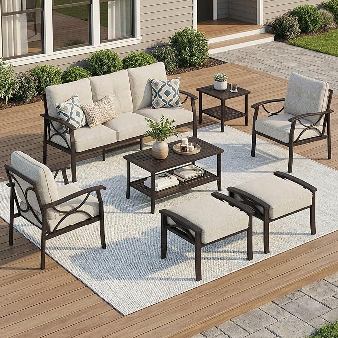 RoyalCraft 7-Pieces Outdoor Patio Furniture Set, Outdoor Metal Sectional Furniture with Cushions, Outdoor Conversation Seating Set with Coffee Table for Balcony, Backyard, Garden, Deck, Beige