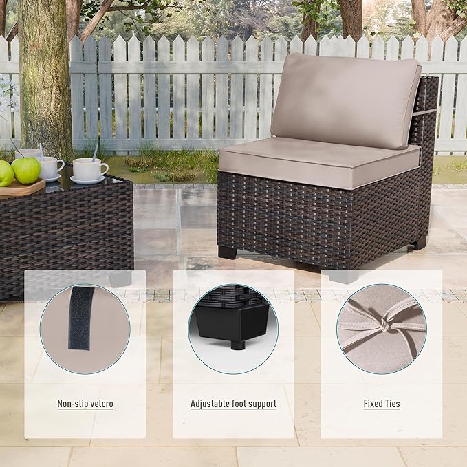 ALAULM 5 Pieces Patio Furniture Set Wicker Patio Conversation Set, Outdoor Sectional Furniture w/Coffee Table & Washable Seat Cushions-Sand