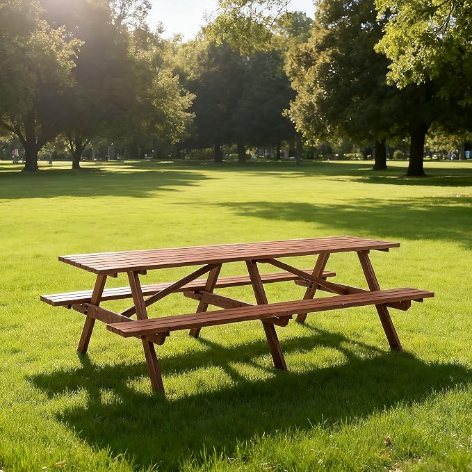 95" Outdoor Wooden Picnic Table with Benches, Dining Table Set with 2-Inch Umbrella Hole, One-Piece Wood Picnic Table for Backyard Garden Patio Party Gathering