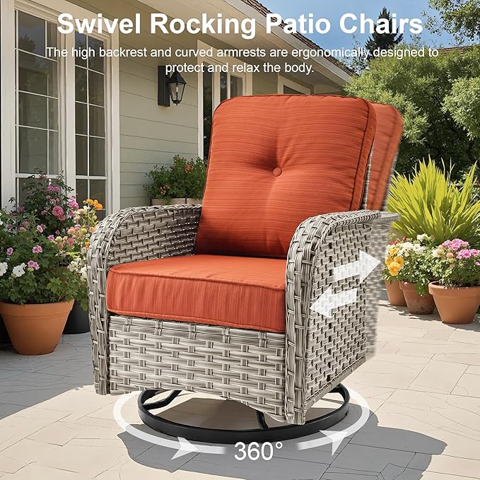Outdoor Patio Furniture Sets,9 PCS Patio Conversation Set Outside Rattan Sectional Sofa with 42 in Fire Pit Table Wicker Rocking Chair Coffee Table Fit Backyard Porch Garden Poolside Balcony