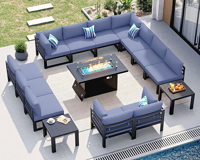 NICESOUL 15 Piece Contemporary Aluminum Outdoor Furniture Set, Extra Large Couch Set with Fire Pit Table, 500 lbs High Weight Capacity, Modular Patio Sectional Sofa with End Table for Deck, Denim Blue