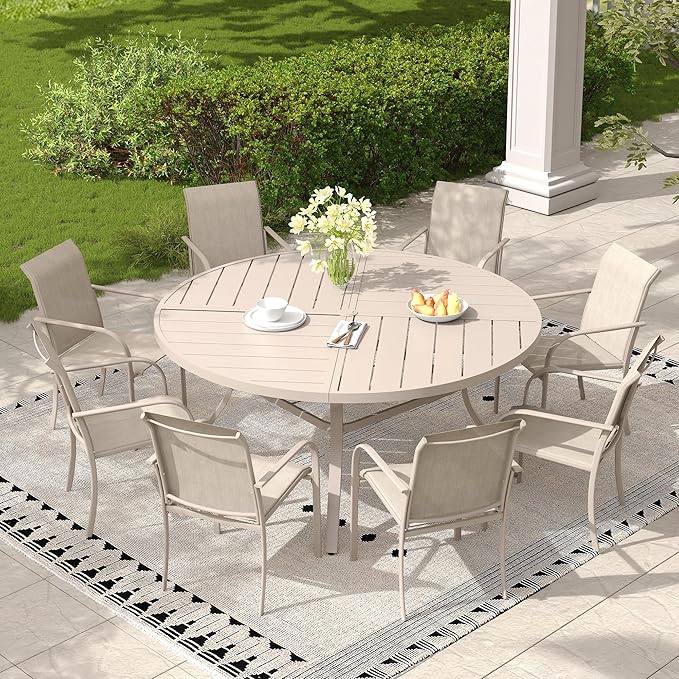 Patio Table and Chairs Sets for 8, Outdoor Dining Set with 8 Stackable Dining Chairs and 54" x 54" Round Thick Slatted Table for Backyard, Deck, Lawn, Garden, Sandshell