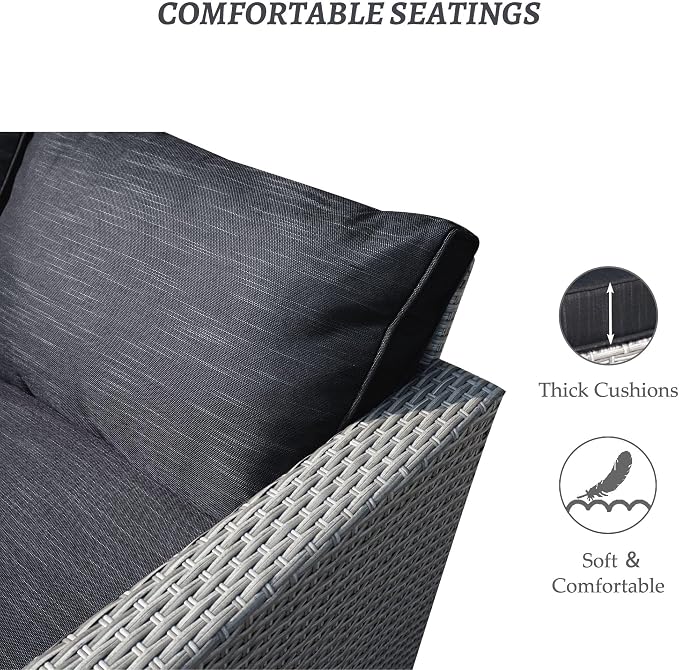 Suntone 3 Pieces Patio Furniture Sets Outdoor Sectional Patio Sofa All-Weather Grey Wicker Sofa Small Patio Conversation Set Patio Couch with Washable Black Cushion and Glass Table