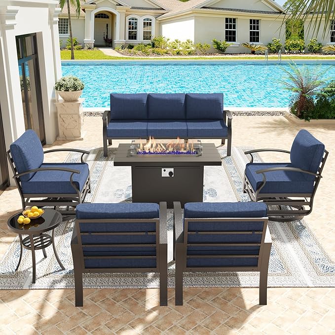 Kullavik Aluminum Patio Furniture Set,7 Pieces 7 Seat Metal Outdoor Furniture Conversation Set w/45 Propane Gas Fire Pit,Swivel Rocking Chairs Set,Navy Blue