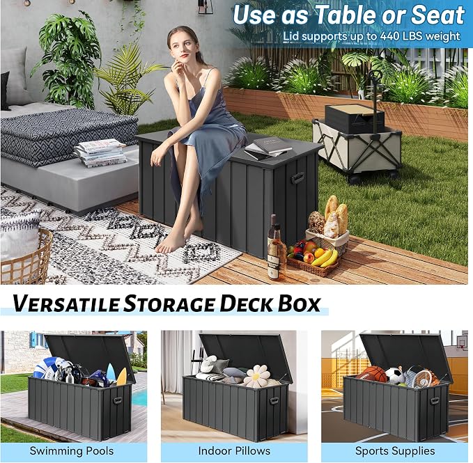 Outdoor Storage Box 200 Gallon, Metal Deck Box with Hydraulic Lid & Mobility Rollers,Lockable Waterproof Patio Storage with Oxford Fabric Bag for Cushions, Garden Tools,Pool Equipment,Dark Grey