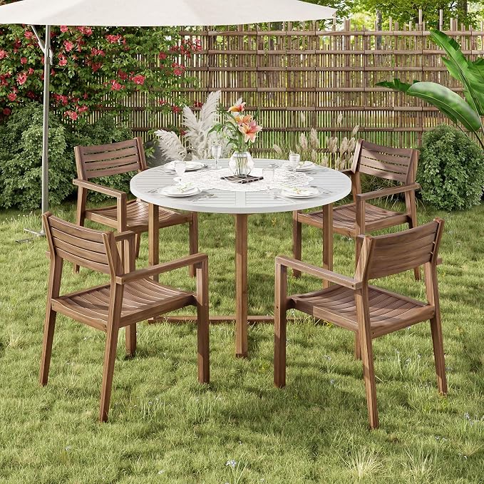 Merax 5-Piece Outdoor Dining Set for 4 People, Weather-Resistant Sturdy Acacia Wood Furniture Sets, 47.2" Round Dining Table, for Patios Garden Poolside Lawn, Light Gray Tabletop+Light Brown Chair