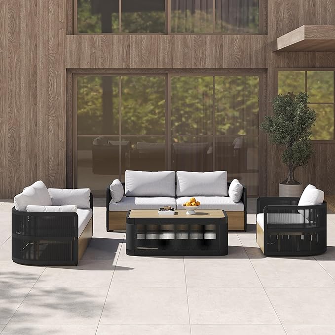 homary 4-Pieces Outdoor Sectional Sofa Set, Aluminum & Rope Patio Swivel Sofa Furniture for 6 with Coffee Table, Modern Outdoor Conversation Set for Gardens, Patios & Balconies