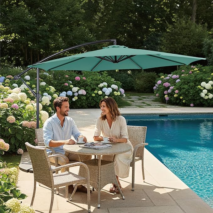 10FT Offset Patio Umbrella, Cantilever Hanging Umbrella with Infinite Tilt, Fade-Resistant Water-Repellent Canopy & Cross Base for Yard, Garden & Deck