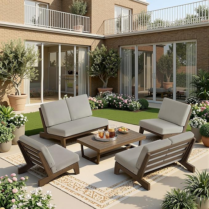 UIXE 6 Pieces All Weather Wood Patio Furniture Sets, 2 Patio Loveseat, 2 Patio Bistro Chair, Outdoor Sectional Sofa Furniture Backyard Conversation Set with Coffee Table - Light Camel