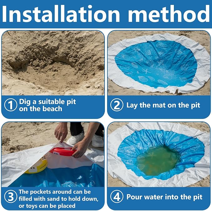 6.5 x 6.5 Feet Baby Beach Pool-Waterproof Kid Pool and Beach Blanket-2 in 1 PVC Toddler Paddling Pool for Infant Kids Boys and Girls