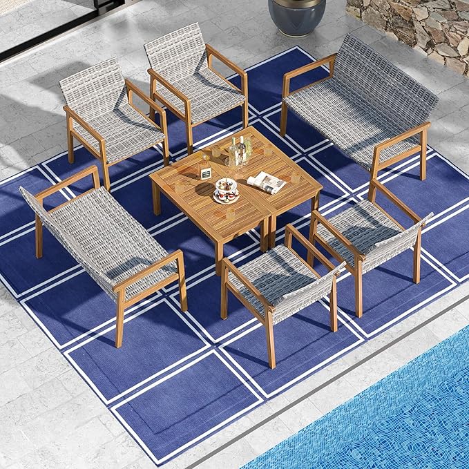 Tangkula 8 Pieces Outdoor Furniture Set, Acacia Wood Frame Sofa Set w/Rattan Seat & Back, Patio Conversation Set w/Coffee Table for Balcony, Poolside, Backyard