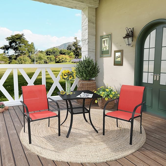 DIFY 3-Piece Outdoor Patio Bistro Dining Set, Black Small Square Dining Table & 2 Red Stackable Metal Chairs with Breathable Fabric, Outdoor Furniture Set for Balcony, Porch, and Deck