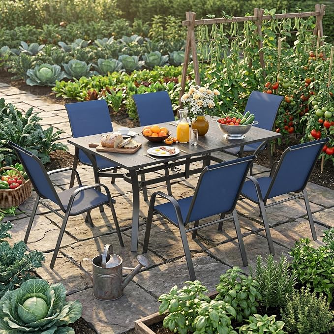 KEIKI 7-Piece Outdoor Patio Dining Set, Waterproof Patio Table and Chairs for 6, 63" x 38" Rectangular Metal Table with Umbrella Hole for Lawn Garden Backyard, Black+Navy Blue