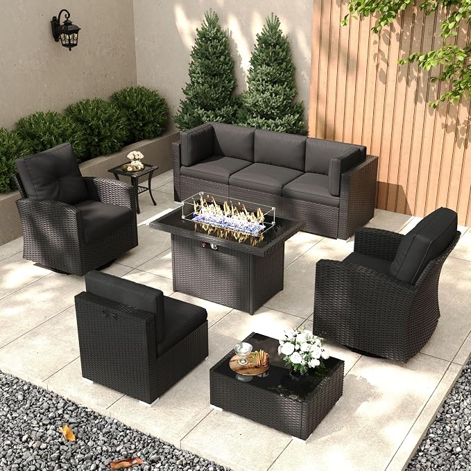 Patio Furniture Set with Fire Pit Table, 9 Pieces Outdoor All-Weather Wicker Conversation Sectional Chair Sofa Set with 2 Swivel Chairs