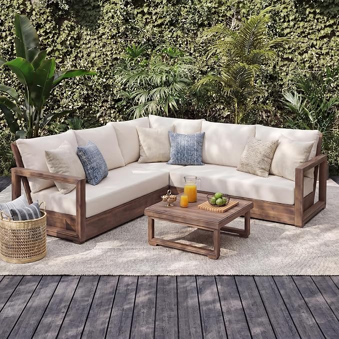 Christopher Knight Home 2 Piece Outdoor Patio Furniture Set Acacia Wood Sofa with Thick Cushions and Slatted Coffee Table, Modular Floor Seating Conversation Set, Natural Wood Finish