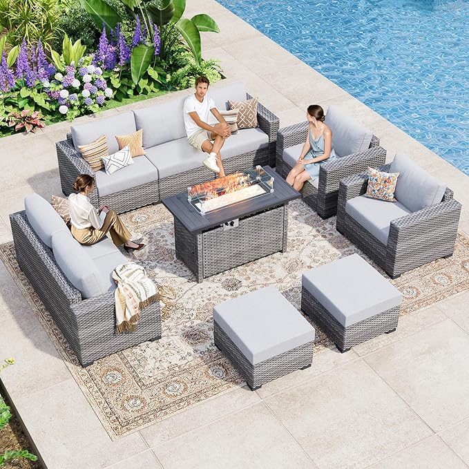 WACASA 7 Piece Patio Furniture Set with Fire Pit Table, Outdoor Patio Sectional Sofa Couch with Washable Cover, Natural Rattan Weave Conversation Set for Garden Outdoor