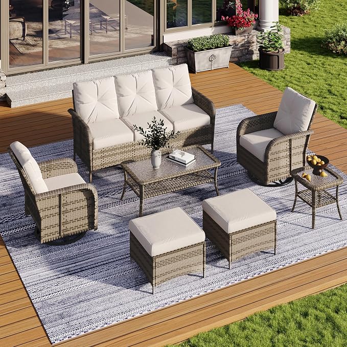 Aoxun 7-Piece Patio Furniture Set with Thick Cushions, Wicker Outdoor Sectional Sofa with High Back Swivel Rocker Chairs, Outdoor Patio Furniture Set with Coffee Table & Ottoman, Grey