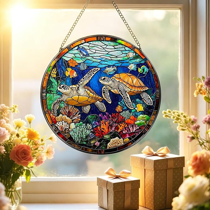 Stained Glass Window Hanging, Stained Glass Suncatcher Sea Turtle Decor, 8" Coral Reef Ocean Window Hanging Ornament | Sea Turtle Gifts, Valentine, Birthday Gifts for Friends, Women, Men, Mom