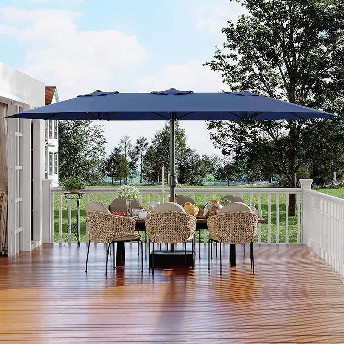 15FT Extra Large Double-Sided Patio Umbrella with Solar LED Lights – Heavy-Duty Rectangular Outdoor Market Umbrella, Fade-Resistant UV Canopy, Included Base for Backyard, Pool, Deck, Garden – Beige/Mist Blue