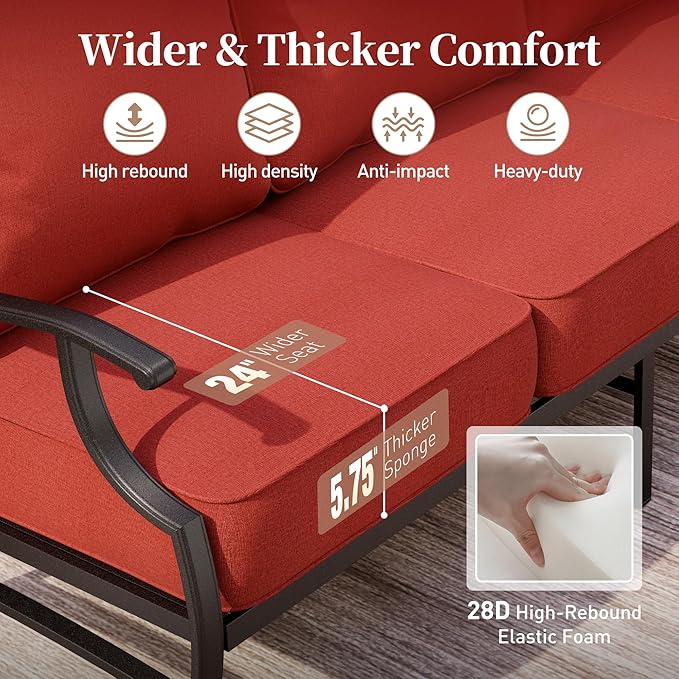 4 Piece Metal Outdoor Patio Furniture Set, Patio Conversation Set 1 3-Seater Sofa, 2 Rocking Chair with 5.75" Extra Thick Cushion and Coffee Table, Black Frame Backyard Furniture, Red