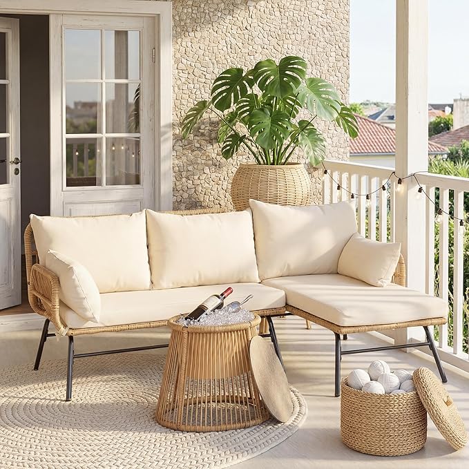 BULEXYARD 3 Pcs Boho Outdoor Patio Furniture Sets, L Shaped Natural Color Wicker Conversation Sectional Sofa w/Cozy Beige Cushion & Ice Bucket for Backyard, Porch, Deck, Garden, Balcony
