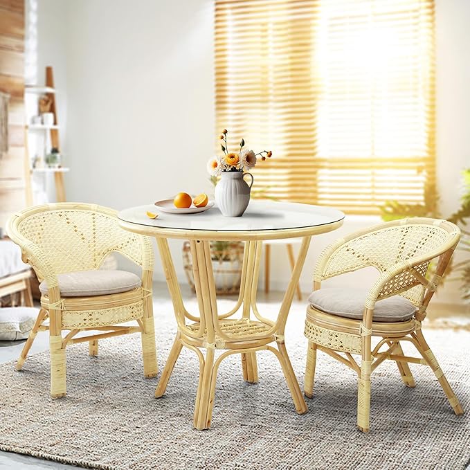 3 Pcs Pelangi Rattan Wicker Dining Set Round Table Glass Top and 2 Arm Chairs with Cream Cushion, Natural Color