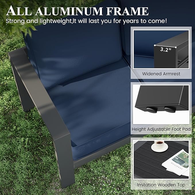 Aluminum Patio Furniture Set, Loveseat Outdoor Set with 5 Inch Cushions, Patio Loveseat Sets with Waterproof Covers for Backyard Garden(Grey&Blue)