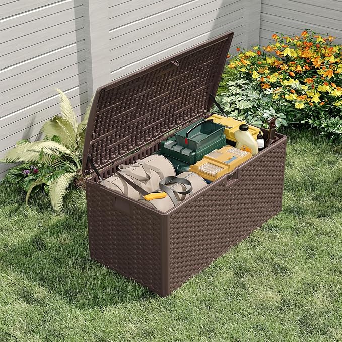 Takywep 120 Gallon Wicker Resin Deck Box - Waterproof Outdoor Storage Bench with Lockable Design - Ideal for Patio Cushions, Garden Tools, Black, Weaving Strap