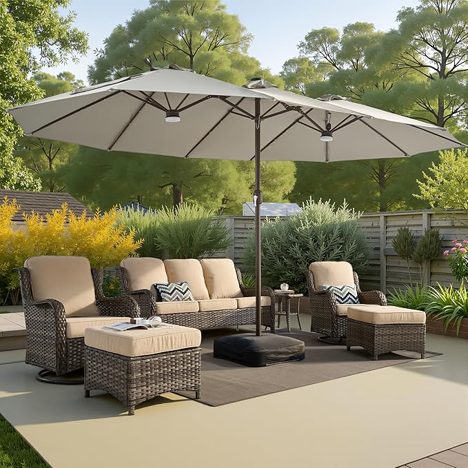 15ft Large Patio Umbrellas with Base & Solar Lights,Outdoor Rectangle Double-Sided Market Umbrella with Stand & 38 LED Lights,Outside Umbrellas for Poolside Deck Backyard (Light Grey)