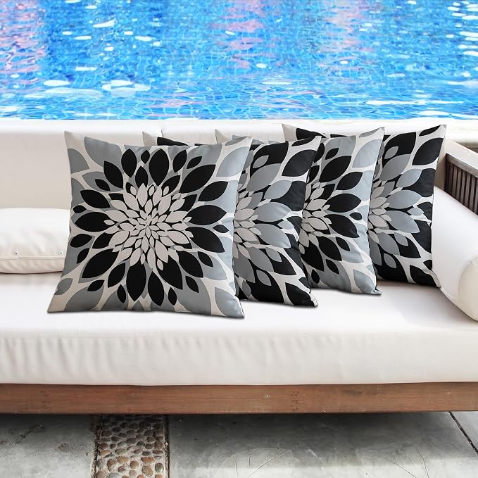 Pack of 4 Outdoor Waterproof Pillow Covers 16x16 Decorative Outdoor Throw Pillows Garden Square Cushion Cases for Patio Furniture, Couch, Tent Sunbrella, Bench, Black Grey