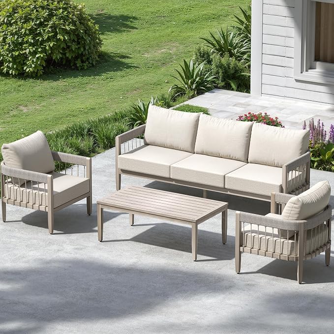 4-Piece Patio Furniture Set, Never-Rust Aluminum Sectional Sofa with Faux Wood Grain Frame, Rope Weave Outdoor Conversation Set with Coffee Table, Patio Sofa Set for Backyard, Poolside, Deck