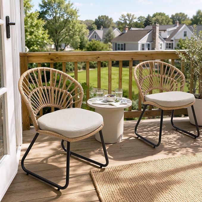 Boho Patio Dining Chairs Set of 2, Hand-Woven Rattan Outdoor Chair | Shell Shaped Back with 2.6” Beige Thick Soft Cushion, Sled Metal Frame Patio Side Chairs for Garden Backyard Porch