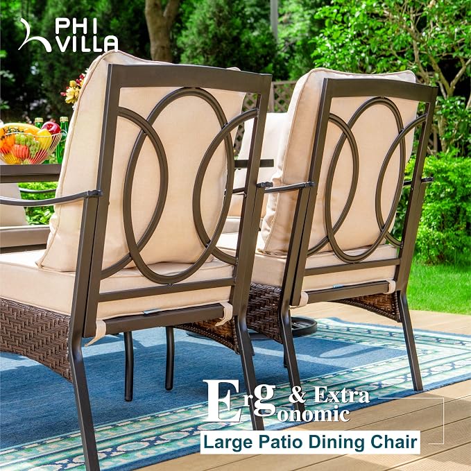 PHI VILLA Patio Dining Chairs Outdoor Wicker Chairs Set of 2 with Cushions | Heavy Duty Outdoor Metal Wicker Dining Chair with Padded Cushions, Large All Weather Wrought Iron Patio Chair for Balcony