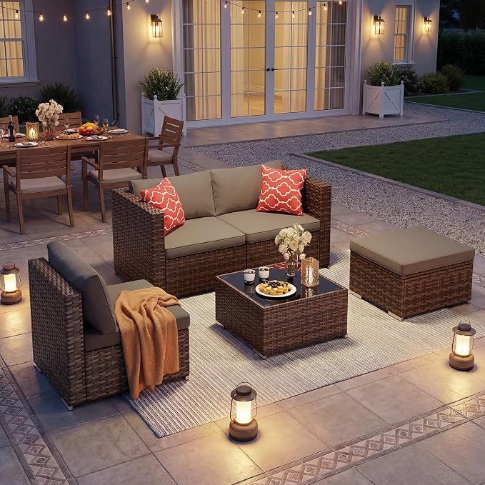 Ahomly 5 Piece Outdoor Patio Furniture Set, PE Wicker Rattan Sectional Sofa with Cushions and Glass Coffee Table, Outdoor Furniture Set for Garden Yard Porch, Grey