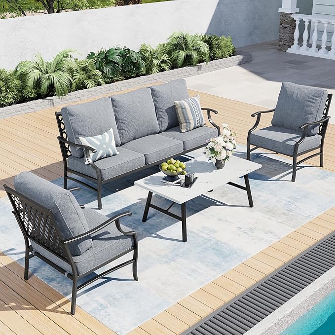 4 Piece Metal Outdoor Patio Furniture Sets, Patio Conversation Sets 1 3-seater Sofa, 2 Fixed Chair with 5.75" Extra Thick Cushion and Coffee Table, Black Frame Backyard Furniture, Gray