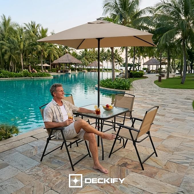 6-Piece Outdoor Patio Furniture Set for 4, Patio Table and Chairs Set with Umbrella, All-Weather Steel Frame & Glass Top Dining Table Set for Backyard, Lawn - Tan
