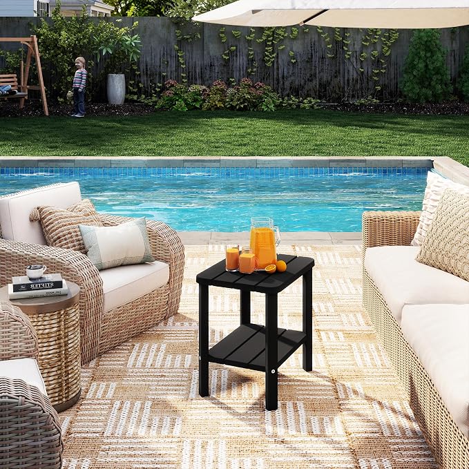 Side Table, Premium & Durable Outdoor Side Table, Resin Patio Side Table with Waterproof Design for Patio, Backyard, Pool, Porch (Black)
