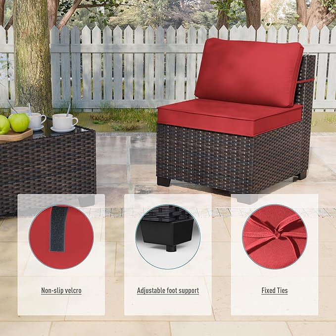 ALAULM 9 Pieces Patio Furniture Set Wicker Patio Conversation Set, Outdoor Sectional Furniture w/Coffee Table & Washable Seat Cushions-Red