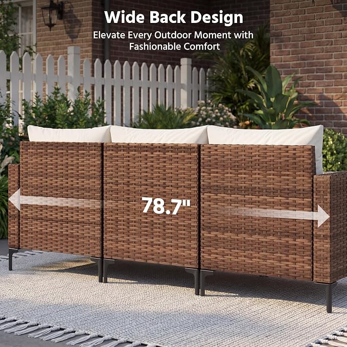 LAUSAINT HOME 5 Pieces Outdoor Patio Furniture Set, PE Wicker Sectional Conversation Sofa with Adjustable Backrests, Storage Ottoman & Wood Table with Umbrella Hole, Beige