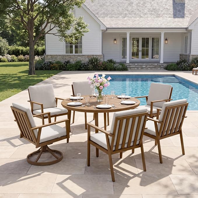 51" Round Outdoor Dining Table Set, 7-Piece Aluminum Round Outdoor Table with 6 Chairs, Rust-Resistant Faux Wood Grain Patio Table with Umbrella Hole for Garden, Backyard, Poolside, Teak