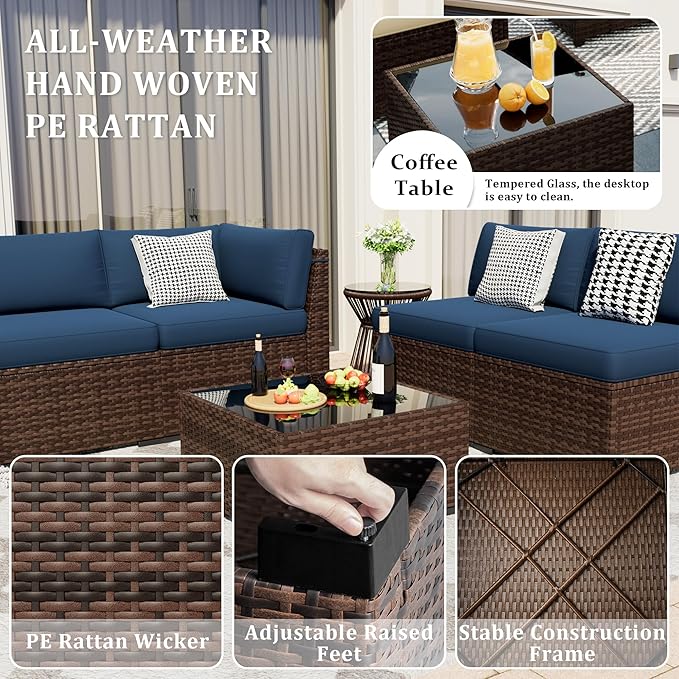 8 Pieces Outdoor Patio Furniture Set with 44" Fire Pit Table Rattan Sectional Conversation Sets w/Gas Fire Pit, Coffee Table, 1 Waterproof Covers, Navy Blue
